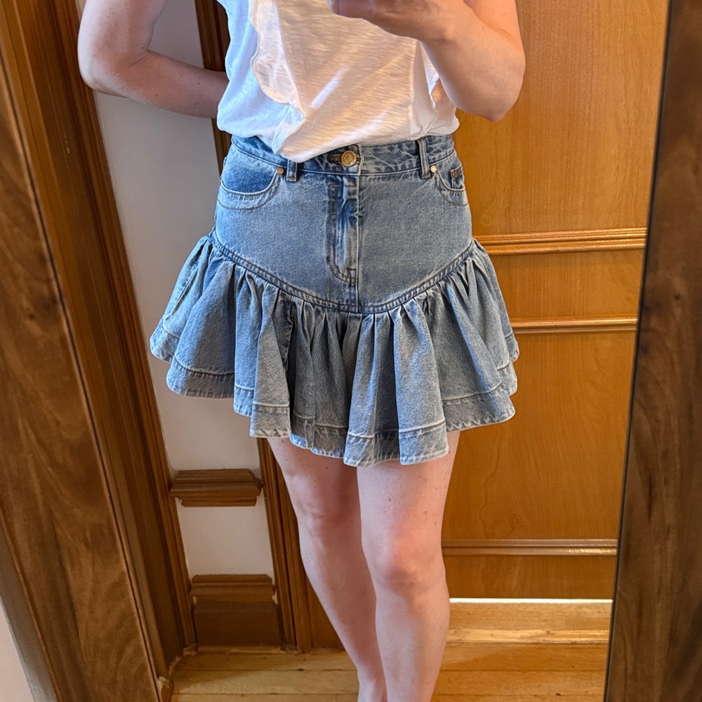 Zimmermann Crush Denim Frill Mini Skirt - Sea Foam - Zimm 2 (US8)